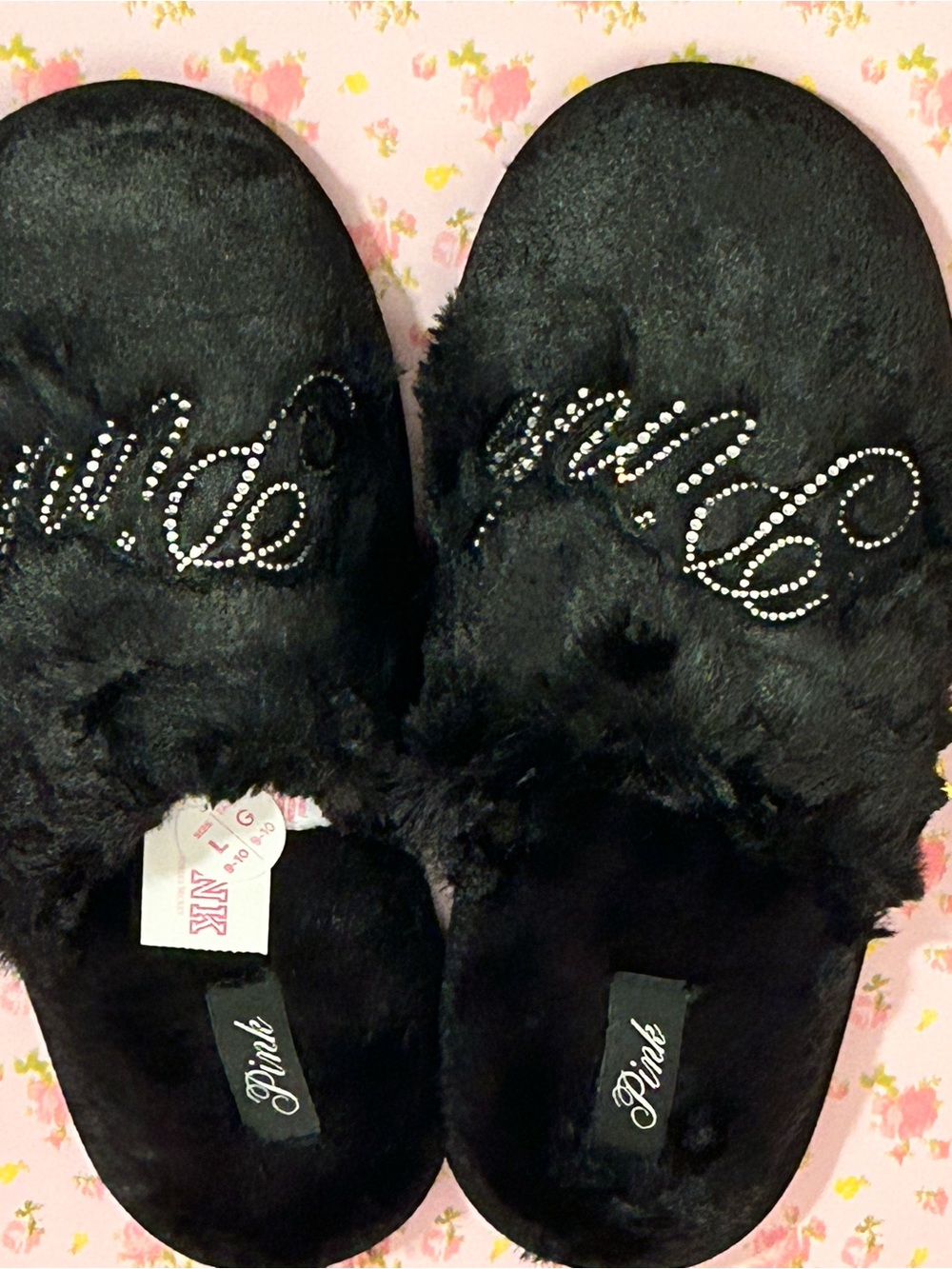 Victoria Secret Pink Black Bling Slippers size LG 9-10 NWT